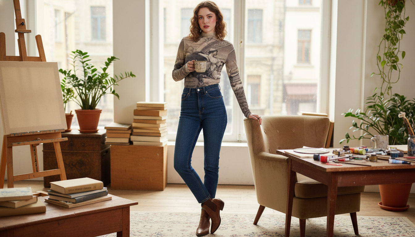 Art Print Slim-Fit Cotton Turtleneck Tee for Women