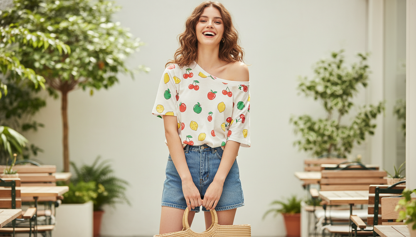 Chic Off-Shoulder Fruit-Print Tee: Fit, Style & Care