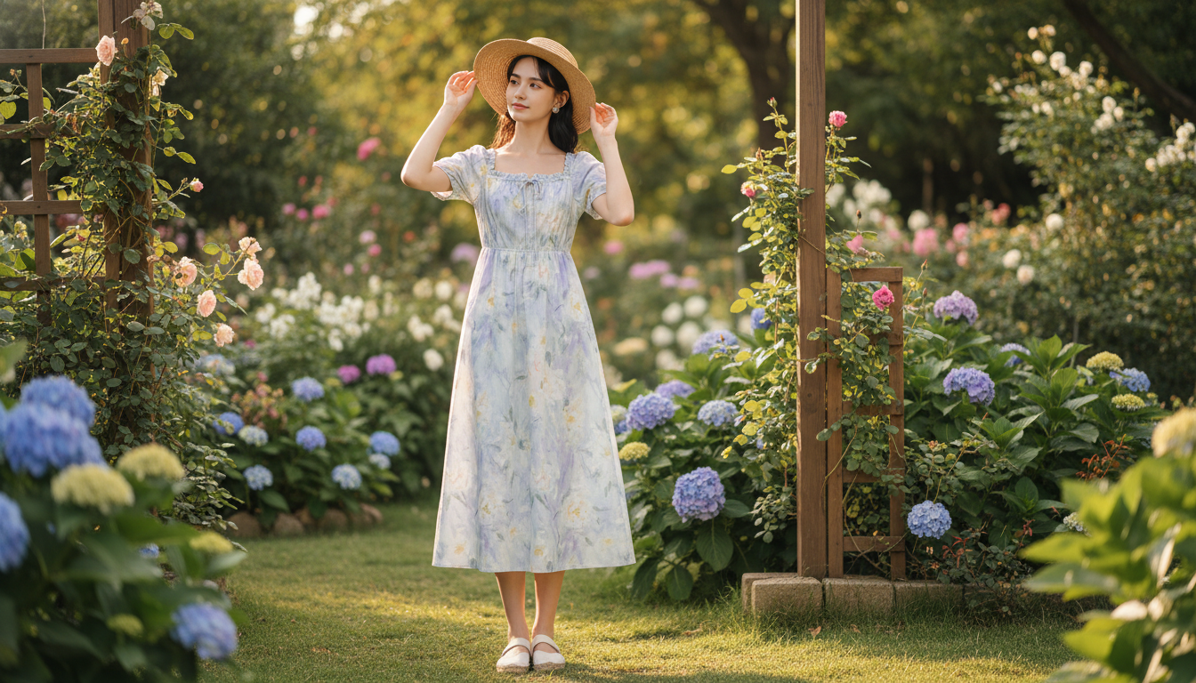 Romantic Floral Cotton Midi Dress with Puff Sleeves